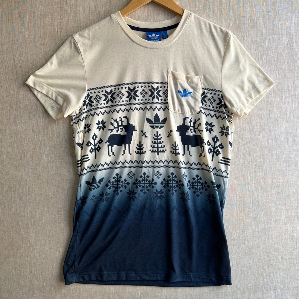 Adidas Originals Holiday Fair Isle Reindeer Pocket Tee Cream Blue Medium